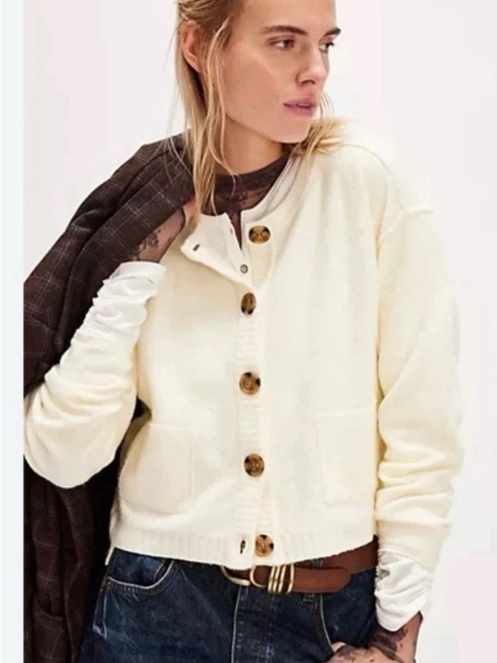 NWT Free people Cream Button-Front Cardigan with Patch Pockets